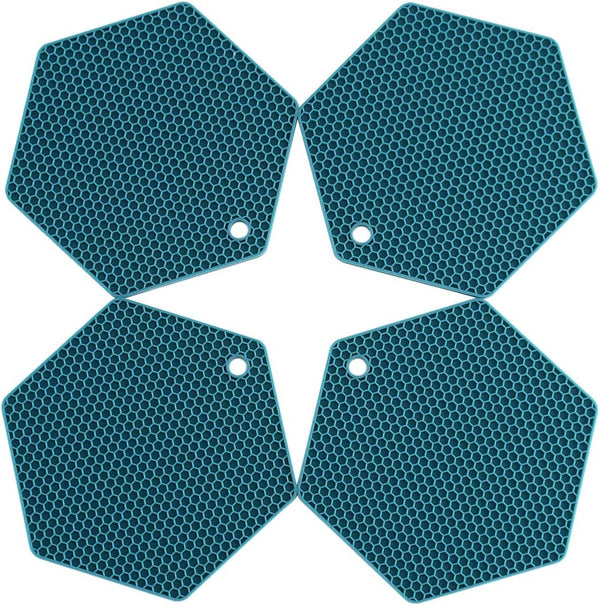 4 Packed Silicone Trivet Mats, DIY Dish Drying Mat, Non-Slip & Heat Resistant Kitchen Hot Pads in Teal