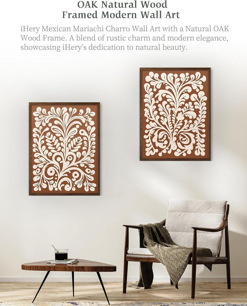 12x16in 1Pack iHery Natural OAK Walnut Color Wood Abstract Mexican Framed Wall Art, Talavera Tile Burnt Orange