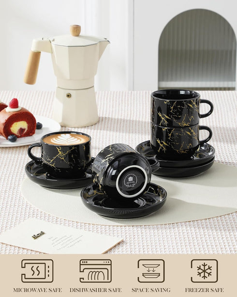 8 OZ Set 4, Set MALACASA Porcelain Espresso Cups with Saucers and Metal Stand of Stackable Cappuccino Cups, Marble