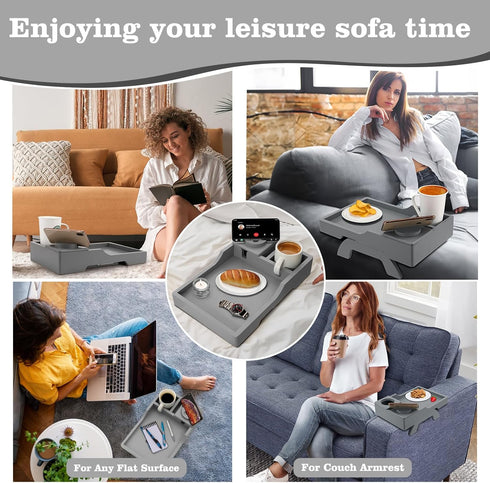 Couch Cup Holder, 4-in-1 Side Couch Arm Tray with Phone Holder, Sofa Clip on Side Table for Home Drinks and Snacks