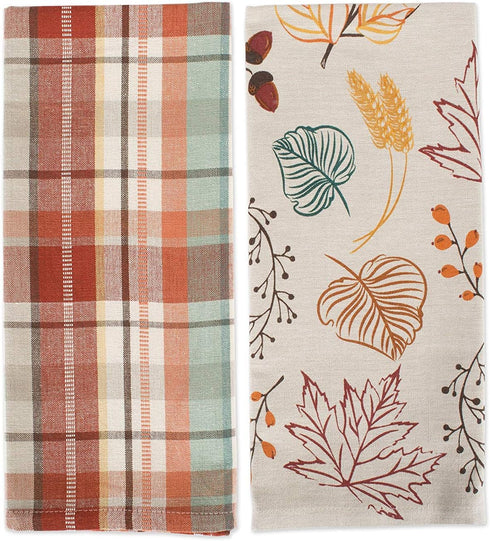 DII Fall Basics Kitchen Dishtowel Collection, 2 Count, Printed & Plaid Fall Dish Towel Set, 18x28, Autumn Leaves