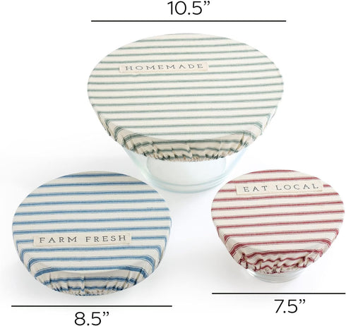 DEMDACO Homemade Striped Cotton Linen Fabric Plate Serving Dish Covers, Set of 3, 11 x 11