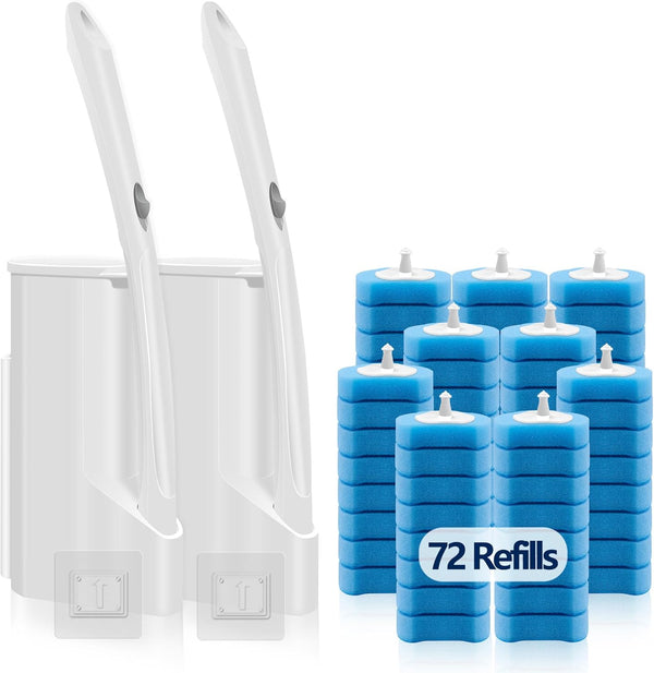 Disposable Toilet Bowl Brush and Holder, Toilet Cleaning System with 2 Toilet Bowl Wands, 2 Storage Caddy & 72 Refills