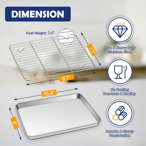 10.4 Inch Toaster Oven Pan with Rack Set, Joyfair Stainless Steel Cookie Pan baking Tray with Bacon Rack, Small Commercial Nonstick Bakeware, Mirror Finished & Easy Cleaning, Heavy Duty & Durable by Joyfair