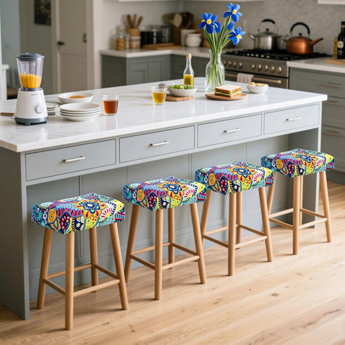 Set 4 18x14inch Waterproof Bar Stool Covers Rectangle of Boho Stretch Seat Cushion Covers for Backless Barstools