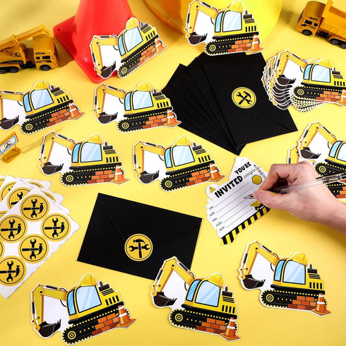 30 Sets Construction Excavator Birthday Party Invitations Cards with Envelopes Stickers Construction Themed Invitations