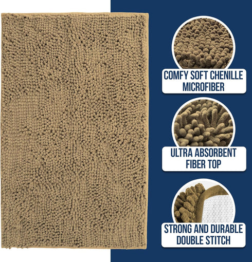 Muddy Mat Chenille Bathroom Rugs, Quick Dry Microfiber Non Slip Washable Bath Mats for Bathroom, Kitchen, Shower Floor