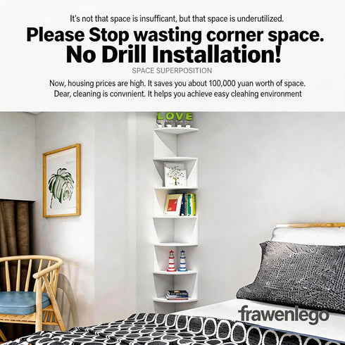 7-Tier No-Drill Corner Shelf Wall Mount, Floating Corner Bookshelf with Hooks, Space-Saving Zigzag Plant Shelf