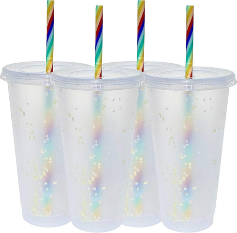 Generic 24 oz Reusable Color Changing Rainbow Cup, with Rainbow Straw and Lid, 4 Pack, Multicolor