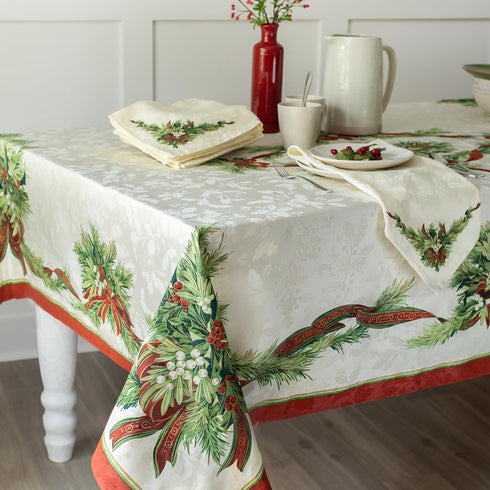 Benson Mills Christmas Ribbons Fabric Table Cloth, Winter Holiday, 60" X 84" Rectangular