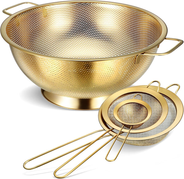Norme 5 Quart Stainless Steel Gold Colander and 3 Pcs Gold Fine Mesh Strainer, Easy Clean and Dishwasher Safe