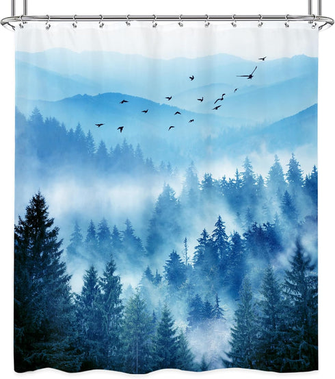 Riyidecor Misty Mountain Shower Curtain 60Wx72H Inch, Blue Foggy Nature Scenery, Smokey Pine Tree Bathroom Decor with