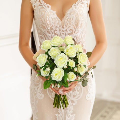 Admired By Nature 15 Head Artificial Flowers - Roses Bud Bush Spring Faux Flower Arrangement for Wedding Home Decor
