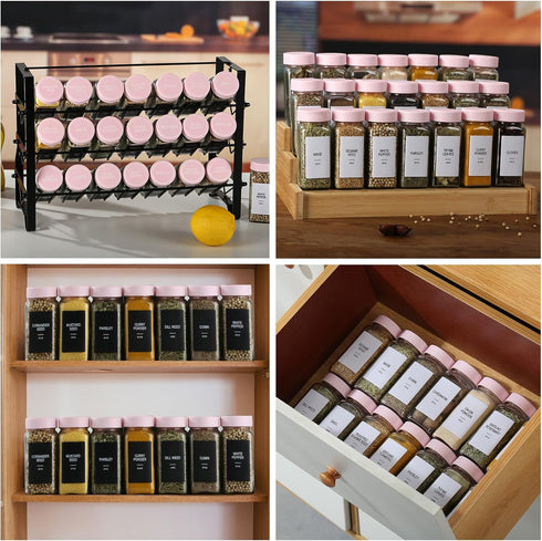 GMAMXD 24 Set, 4oz 492 1 Glass Spice Jars with Labels, Spice Jar Seasoning Containers, Spice Containers with Pink