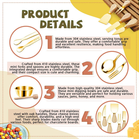 Charcuterie Boards Accessories Gold Utensils Set, Cheese Butter Spreader Knife, Small Serving Tongs, Forks, Spoons