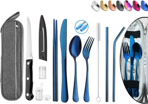 Portable Reusable Travel Utensils Set, Stainless Steel Cutlery with Case, Chopsticks and Straw for Camping