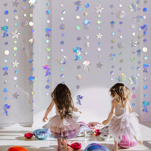 40 Ft Iridescent Mermaid Garland with Jellyfish, Seashell, Starfish, Pearl Holographic Paper Streamer for Under The Sea