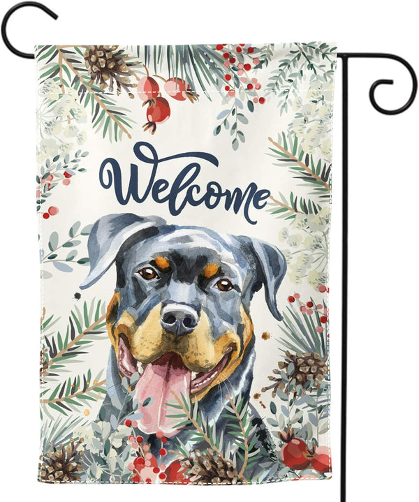 Welcome Rottweiler and Winter Flower Home Flag, 12 x 18 Inch Double-Sided Outdoor Yard Decorative Garden Flag
