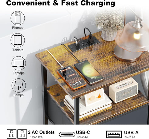 Side Table with Charging Station, Nightstand with Adjustable Fabric Drawer, Bedside Table for Bedrooms, Living Rooms