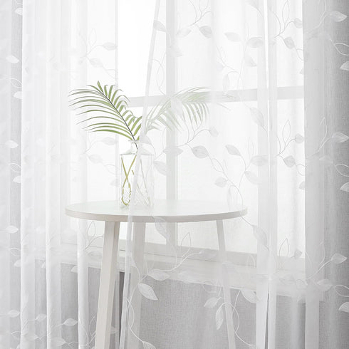 Tollpiz White Leaf Sheer Tier Curtain Leaves Embroidered Kitchen Curtains Rod Pocket Voile Bathroom Window Treatment for Cafe, 30 x 36 inches Long, Set of 2 Panels