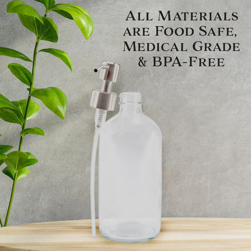 Cornucopia Brands 16-Ounce Clear Glass Bottles with Stainless Steel Pumps (2 Pack) - Great for Liquid Soaps & Essential