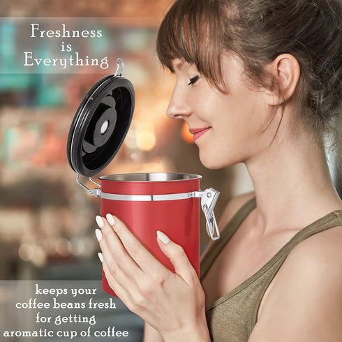 Mixpresso 16 Oz Red Coffee Canister, Stainless Steel Airtight Container with Date Tracker, Vacuum Sealed