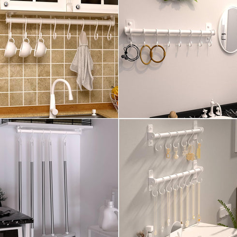 Dseap Kitchen Utensil Holder Hanger, Wall Mounted Pot and Pan Rack with 8 Hooks for Cooking Utensils, White