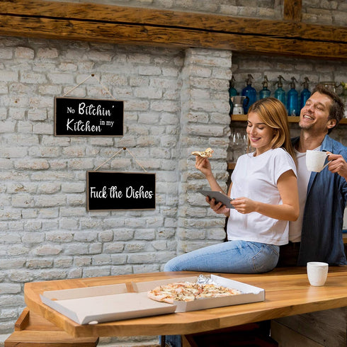 Jetec 2 Pieces Funny Kitchen Signs, No Bitchin in My Kitchen Rustic Wooden Wall Art Decoration, 10 x 5 Inch (Stylish)