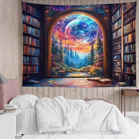 LB 60 40 Inches Fantasy Bookshelf Moon Tapestry, Forest Tree and Vintage Library Classroom Wall Tapestry for Bedroom