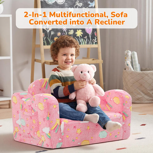 2-in-1 1-3 MeMoreCool Glowing Pink Rainbow Kids Chair, Glow-in-the-Dark Kids Couch Fold Out Sofa for Girls, Comfy Plush
