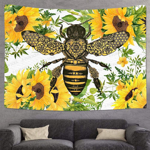 F-FUN SOUL Hippie Bee Tapestry, Large 80x60in Soft Flannel Sunflower Watercolor Art Wall Hanging