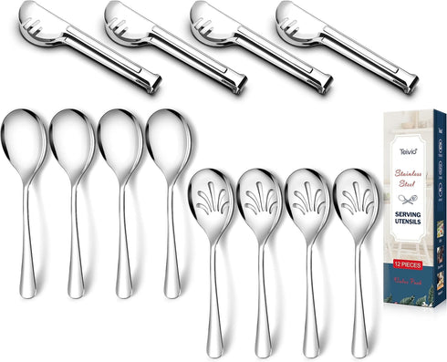 Large Stainless Steel Serving Utensils Set - 10" Spoons, 10" Slotted Spoons, 9" Tongs by Teivio (Silver, Set of 12)