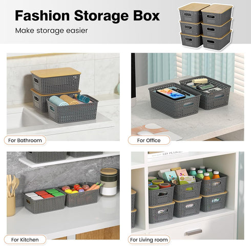 Plastic Storage Baskets with Bamboo Lid, Stackable Storage Bins for Organizing Shelves, 6 Pack, Gray