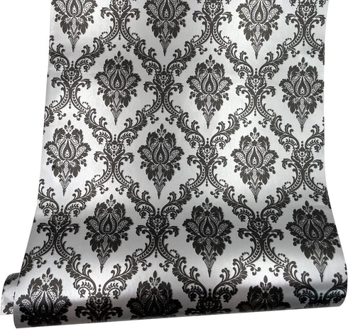 Yifely Retro Black Damask Furniture Paper Self-Adhesive Shelf Liner, Light Grey Table Decor Sticker