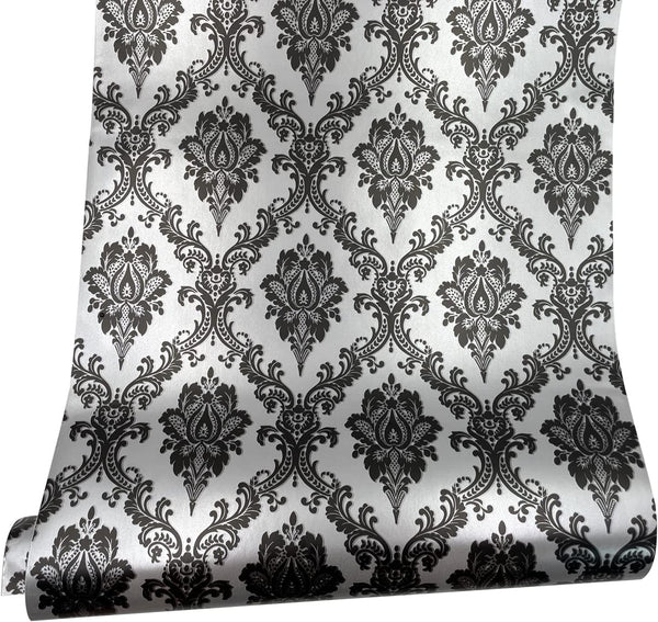 Yifely Retro Black Damask Furniture Paper Self-Adhesive Shelf Liner, Light Grey Table Decor Sticker