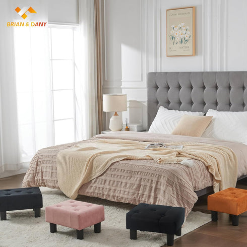 Compact Black Linen Footstool with Sturdy Legs - Ideal for Living Room