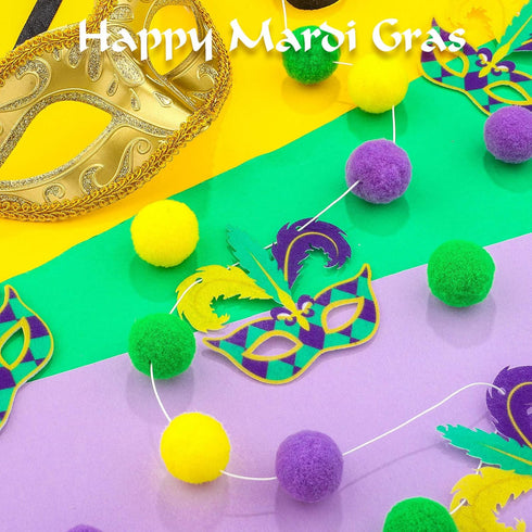 3 Pieces Pom Pom Garlands, Mardi Gras Decorations with Gold Purple Green Felt Ball Banners for Birthday Party