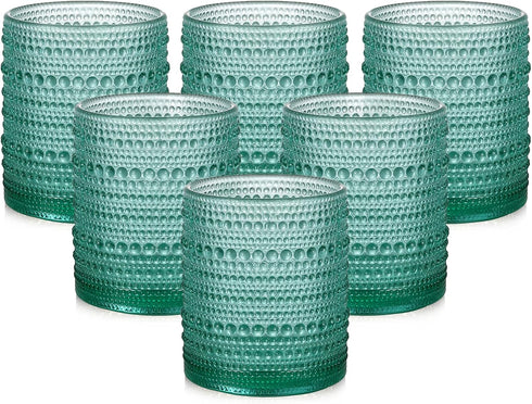 Vintage Glassware Drinking Glasses Set of 6, 12 oz Hobnail Glass Cups with 1 Cleaning Brush