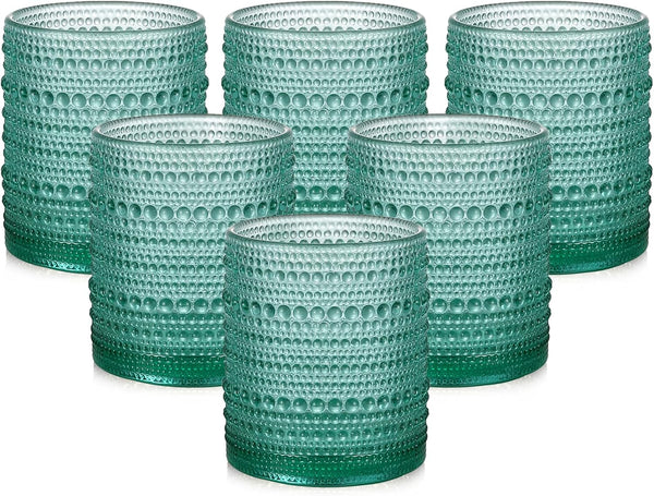 Vintage Glassware Drinking Glasses Set of 6, 12 oz Hobnail Glass Cups with 1 Cleaning Brush