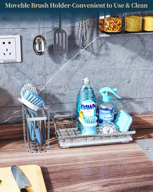 Consumest Sink Caddy-Kitchen Sponge Holder + Dish Brush Holder for Kitchen Sink, Sink Organizer with Drip Tray for Countertop Stainless Steel Rustproof, Silver-Large by Consumest