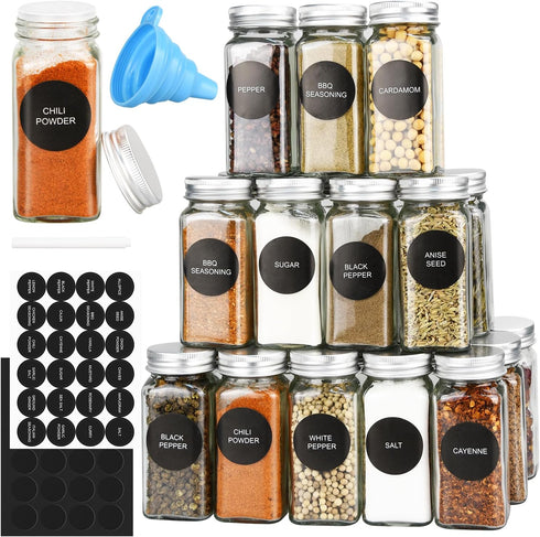 12/24/36/48pcs Glass Spice Jars, 4oz Empty Jars with Metal Caps, Labels, Shaker Lids, Collapsible Funnel, Seasoning