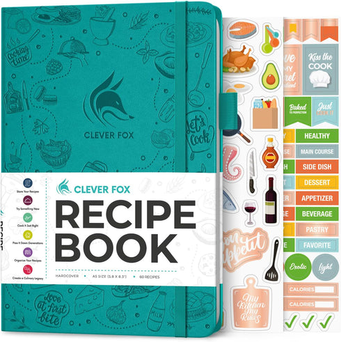 Clever Fox Recipe Book - A5 Blank Cookbook Organizer for 60 Family Recipes, Turquoise