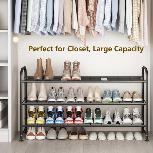 3 Closet LINZINAR Shoe Rack Tier Long Metal Shoe Organizer for Entryway Black