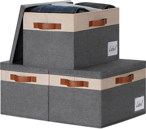 GhvyenntteS Large Storage Bins with Lids (3-Pack), Large Closet Storage Bin with Lid and 3 PU Handles, Foldable Baskets