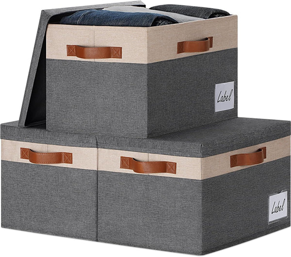 GhvyenntteS Large Storage Bins with Lids (3-Pack), Large Closet Storage Bin with Lid and 3 PU Handles, Foldable Baskets