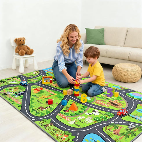 60"x36" Zoo Adventure Kids Car Rug, Cute Animal Play Mat with Non-Slip Backing, Kids Carpet with Lions, Tigers