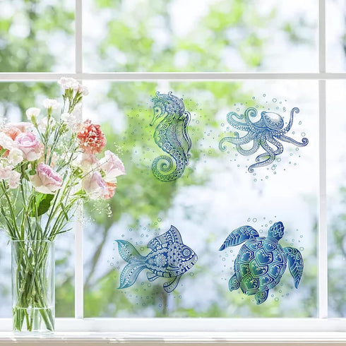 GORGECRAFT 4PCS 6.3 Inch Sea Animal Window Decals, Waterproof Static Clings for Bedroom Bathroom, Prevent Bird Strikes