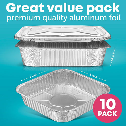 10 Pack 8x8 Disposable Aluminum Pans With Lids - Foil Pans for Cooking, Baking Cakes, Roasting & Homemade Breads