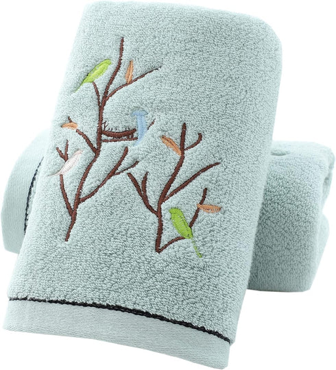 Pidada Set of 2 Hand Towels with Embroidered Bird Tree Pattern 100% Cotton for Bathroom
