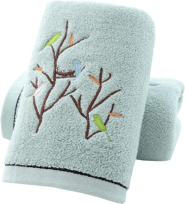 Pidada Set of 2 Hand Towels with Embroidered Bird Tree Pattern 100% Cotton for Bathroom